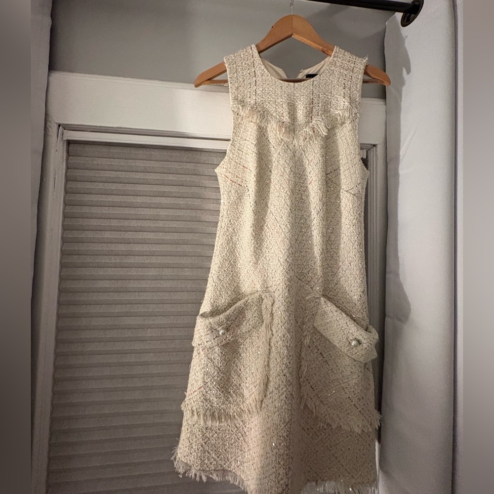 Cream Tweed Sleeveless Shift Dress with Fringe Trim - Picture 3 of 4